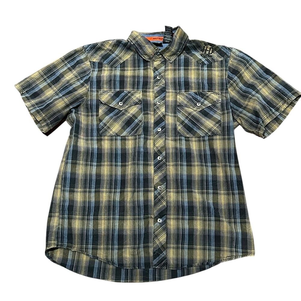 Harley Davidson Men's XL Plaid Short Sleeve Shirt - Black and Tan